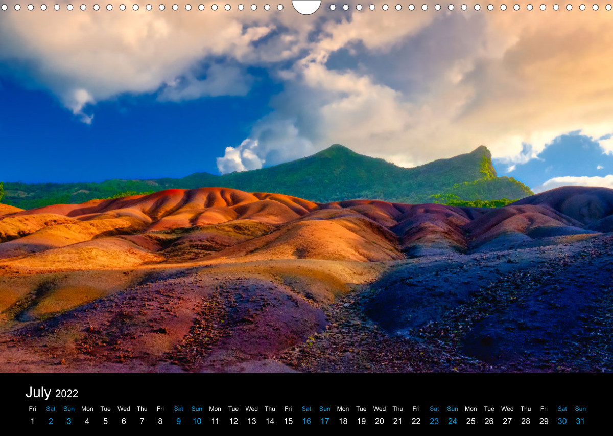 2022 calendar. Breathtaking landscapes and seascapes of the tropical paradise island of Mauritius in the Indian Ocean. Original photography by local artist Kevin Nirsimloo.