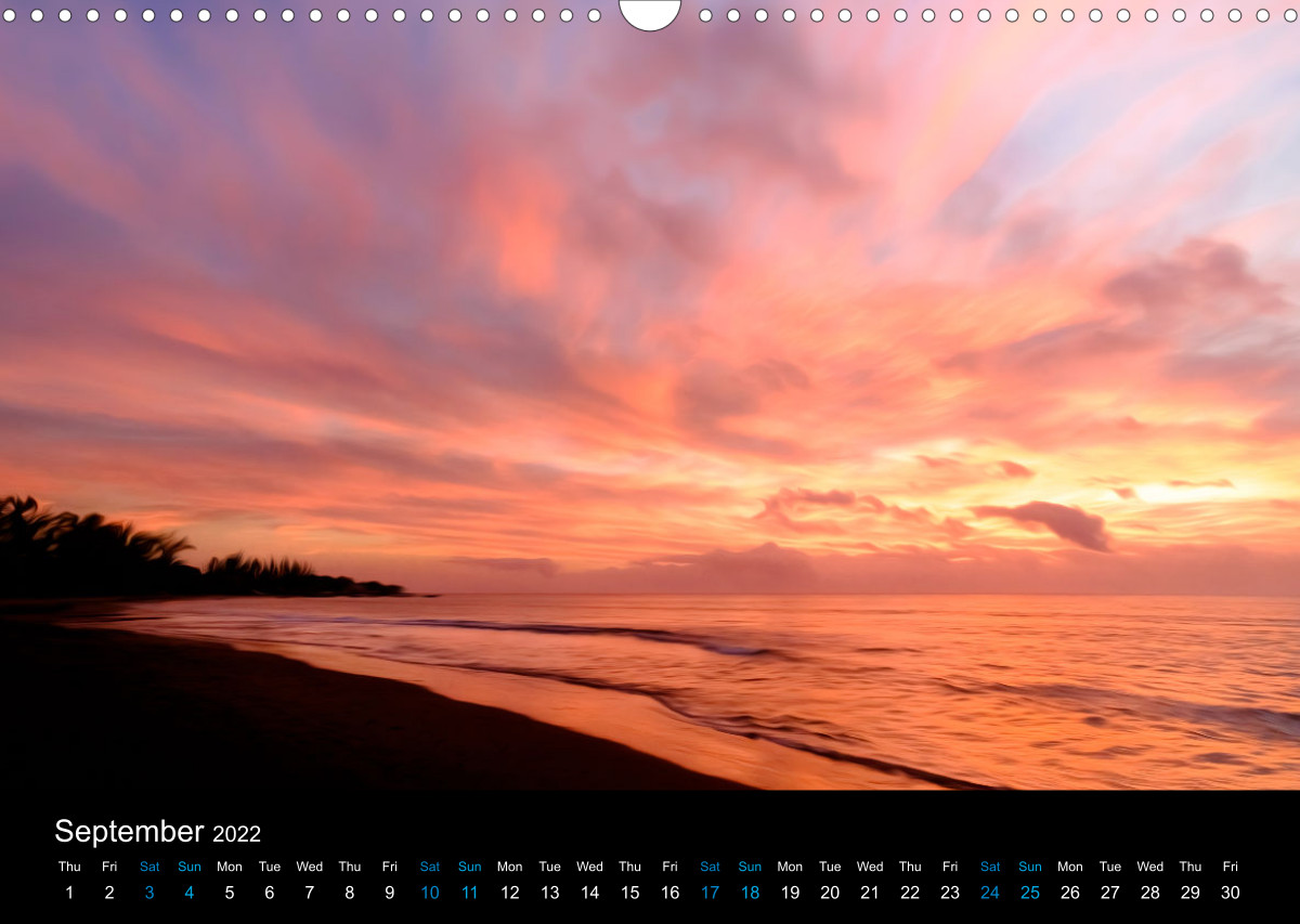 2022 Calendar. Artistic reinterpretation of original landscape and seascape photographs of the tropical paradise island of Mauritius in the Indian Ocean. Original photography and artwork by Mauritian artist Kevin Nirsimloo.
