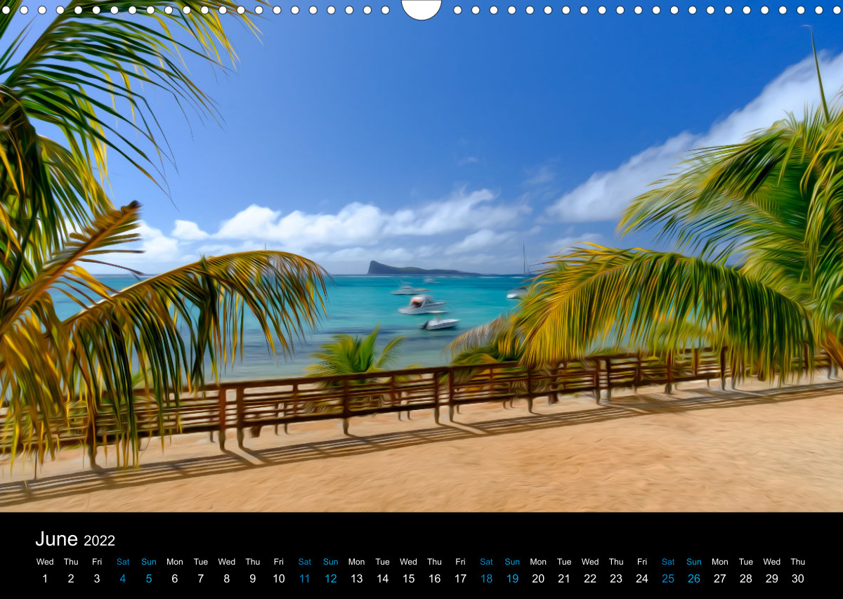 2022 Calendar. Artistic reinterpretation of original landscape and seascape photographs of the tropical paradise island of Mauritius in the Indian Ocean. Original photography and artwork by Mauritian artist Kevin Nirsimloo.